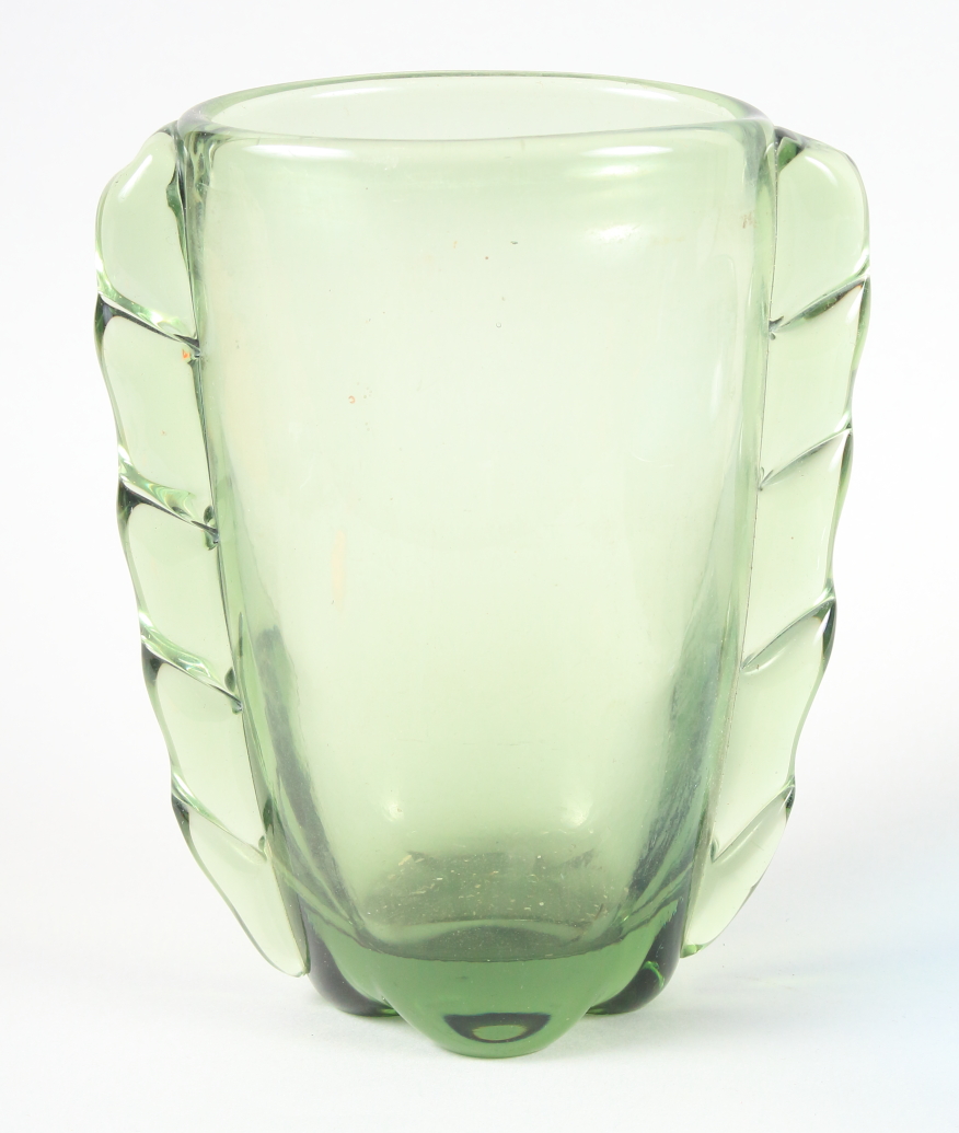 A Kosta blue glass shallow dish, 9" dia, and a green glass vase, 7 3/4" high - Image 2 of 3