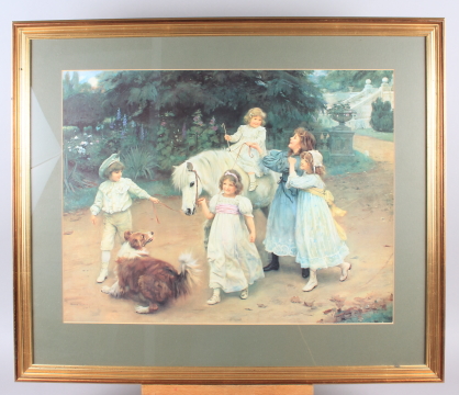 Arthur J Elsley: a print of children with a donkey and a dog, in gilt strip frame, an interior - Image 2 of 5