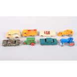 Eight die-cast model vehicles, including a Lesney Bedford milkman’s van, a Karrier Boatman 2 ton