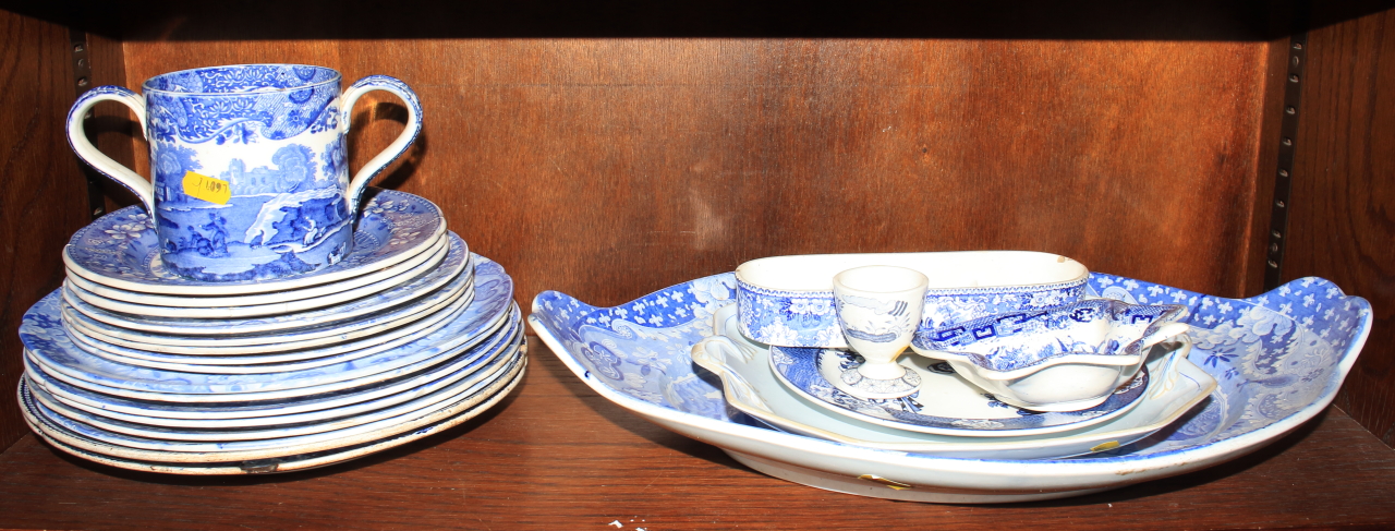 A selection of blue and white transfer decorated pottery