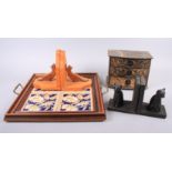 Two pairs of wooden book ends and a miniature chest of three drawers, 8 3/4" wide