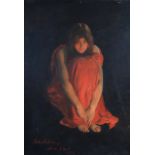 John Collins: oil on canvas, seated girl in a red robe, 17 1/2" x 23 1/2", in silvered carved frame