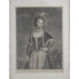 An 18th century mezzotint of Kitty Clive, a hand-coloured print, "A Full Blown Macaroni", five other