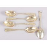 Five Victorian silver gilt teaspoons with bright cut decoration, 3.7oz troy approx