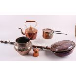 A 19th century copper warming pan, a 19th century copper kettle, a 19th century copper saucepan