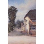 B T Wright, 1904: watercolours, view of the corner of Station Road Midgham and Bath Road, 20" x 13