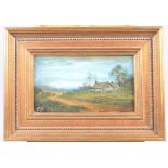G Leaver: oil on canvas, winter landscape with cottage and figures, in gilt frame, another