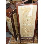 An Edwardian walnut framed four-fold shaped panel screen with silk embroideries, each panel 17"