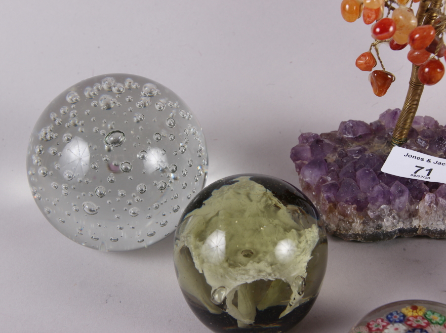 An amethyst and carnelian tree, 7 1/2" high, seven paperweights and a pyramid-shaped semi-precious - Image 3 of 4