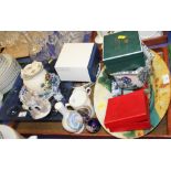 A studio pottery platter, 16" wide, a square blue glass dish, a Halcyon Days trinket box and a