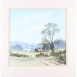 Peter Robinson: two watercolour landscapes, "Farm Track", 13" x 13", and riverside cottage, 10" x