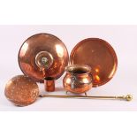 A 19th century copper hot water bottle, 12" dia, a copper tray, 11" dia, a copper cauldron, 6 1/2"