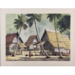 A B Ibrahim: watercolour study, Indonesian houses, a companion, coastal scene, and one other