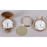 A rolled gold cased "The Angus" full hunter pocket watch with white enamel dial and Roman numerals