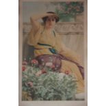 J W Goodwood, 1912: a signed chromolithograph, classical maiden, in ebonised frame