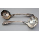 A pair of Georgian silver fiddle and thread pattern sauce ladles, 3.3oz troy approx