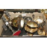 A silver trophy cup, 4.5oz troy approx, on stand, a silver plated teapot, dessert spoons, bookmarks,