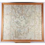 A panel of 18th century? silk embroidered scroll and flower work, 26" x 29", in strip frame, and a