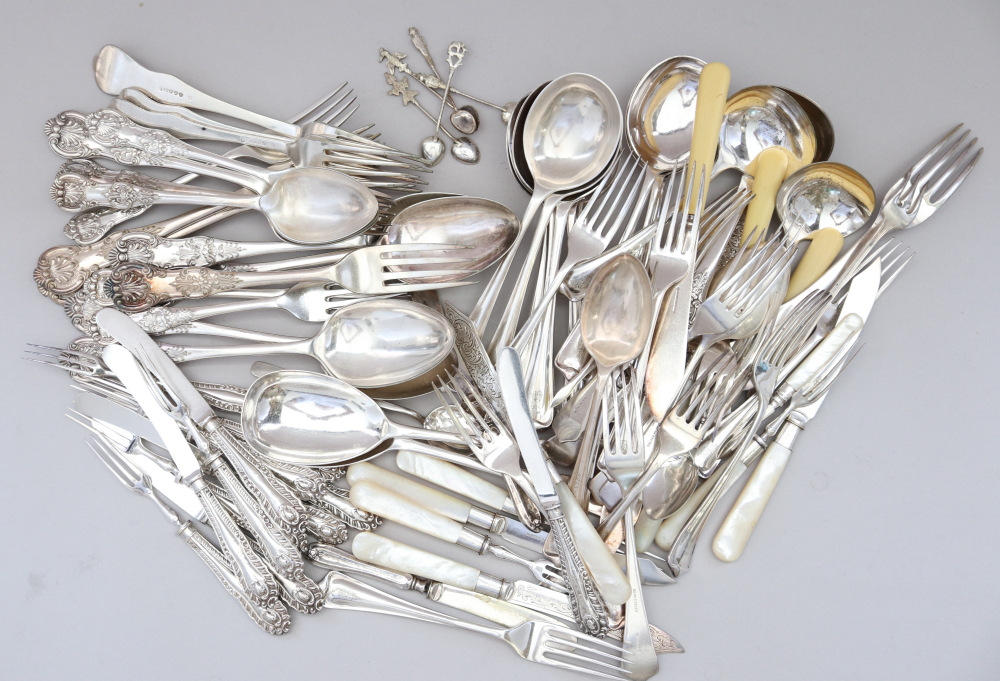 A selection of silver plated King's pattern flatware and other plated flatware