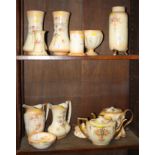 A pair of Crown Devon "blush ivory" vases, two jugs, two teapots, a hat pin holder and other items