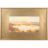 A J Chadwick: watercolours, moorland landscape, 6" x 11", in gilt frame, a print, study of birds,