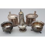 A pair of silver mustard pots, a pair of silver salts and a silver pepper shaker, 7.2oz troy approx