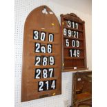 An oak Gothic design Hymn number board, 27" high and a companion Psalm board, 36" high, with