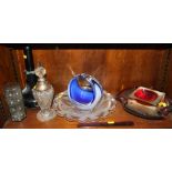 A Venetian glass dish, 10" dia, a black glass jug, a silver collared liqueur decanter, a Venetian