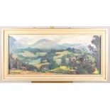 An oil on canvas, Continental landscape, indistinctly signed, 11 1/2" x 27", in strip frame
