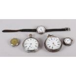 Two silver cased open faced pocket watches and three silver cased wristwatches