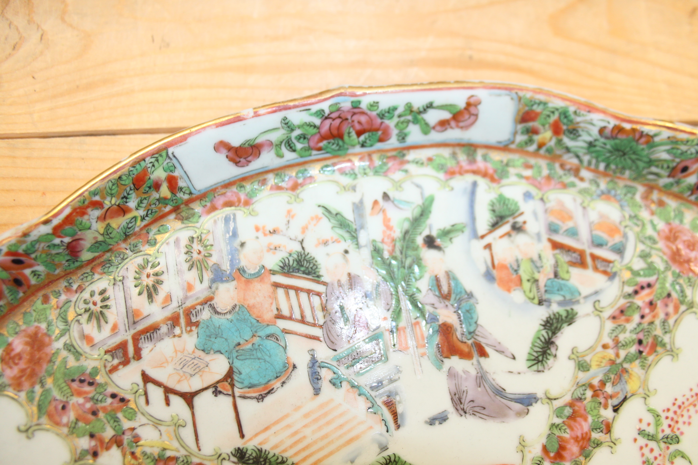 A Canton tray, decorated panels with figures, birds and flowers, 15 3/4" wide - Image 9 of 12