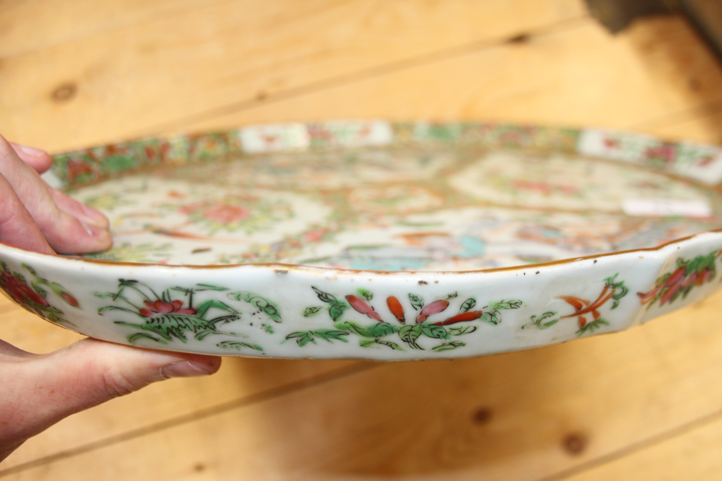 A Canton tray, decorated panels with figures, birds and flowers, 15 3/4" wide - Image 10 of 12