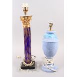 A Venetian type glass column table lamp, on square base, 21" high, and a mottled ceramic vase