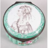 An 18th century Staffordshire enamelled patch box, decorated with a bust of a noble woman