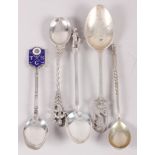 Five silver and white metal teaspoons, various, 2.7oz troy approx