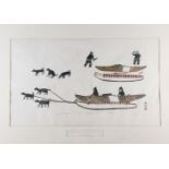 Jamasie: a signed limited edition soapstone print, "Floe Edge Hunters, Cape Dorset 1973" 38/50, in