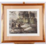 A pair of fishing prints, "Trolling for Pike" and "Fly Fishing", and a lithographic hunting scene