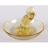 A Lalique amber coloured glass pin tray with duck, 2 3/4" high