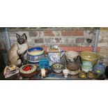 A pottery model of a Siamese cat, 13" high, a studio pottery model of a frog, a tankard, vases,