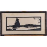 Hans Brasch: a cut-paper silhouette, sailing boat on a river, 4 1/4" x 11", two smaller similar