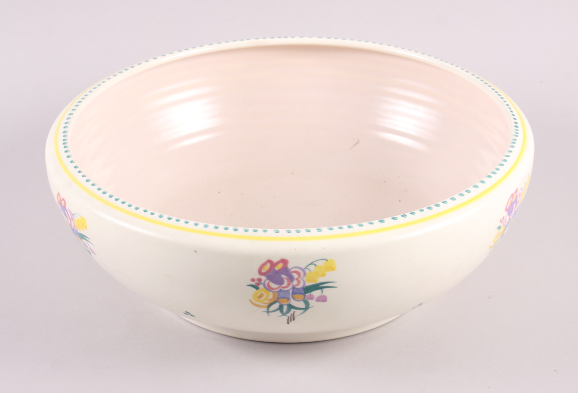 A 1950s Poole pottery bowl, 13" dia, a companion hors d'oeuvres dish, a floral bowl, 8 3/4" dia, and - Image 2 of 3