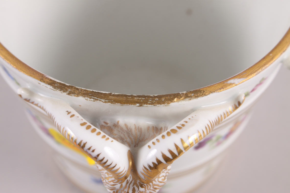 A Dresden porcelain cache pot with ram's head handles and floral decoration, 5 1/2" high - Image 5 of 5