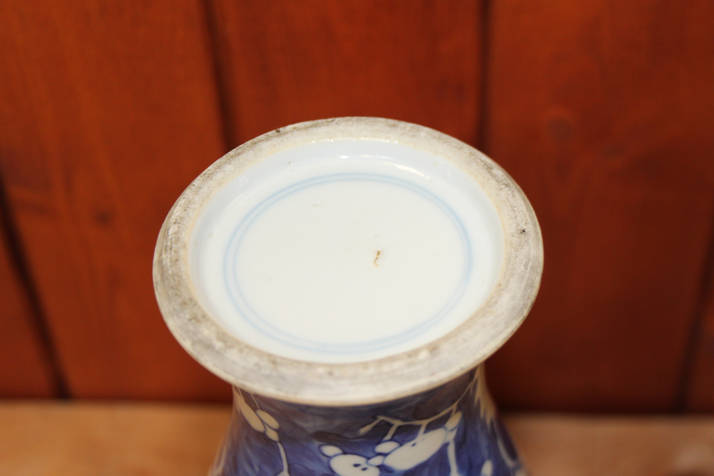 A Chinese blue and white ginger jar and cover, decorated prunus trees, 13 1/2" high, and another - Image 8 of 12