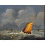 W Thomas: oil on board, sailing ship on choppy waters, 7 1/4" x 9", in strip frame