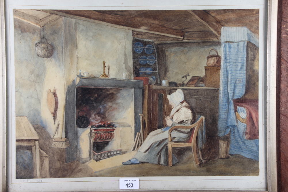 E F, 1873: a watercolour, woman by a range, 13" x 19", in oak strip frame, and a pastels study of