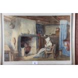 E F, 1873: a watercolour, woman by a range, 13" x 19", in oak strip frame, and a pastels study of