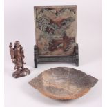 A Chinese carved soapstone screen, decorated landscape, 14" high, a similar two-handled dish and a