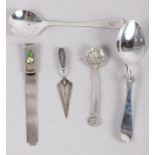A silver preserve spoon, a silver bookmark, formed as a trowel, and other items, 2.7oz troy approx