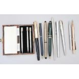 A Sheaffer fountain pen, a Parker fountain pen, three bridge pencils, in case, and other pens