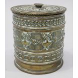 A late 19th /early 20th century brass string box with swag and ribbon decoration, a bronze figure of